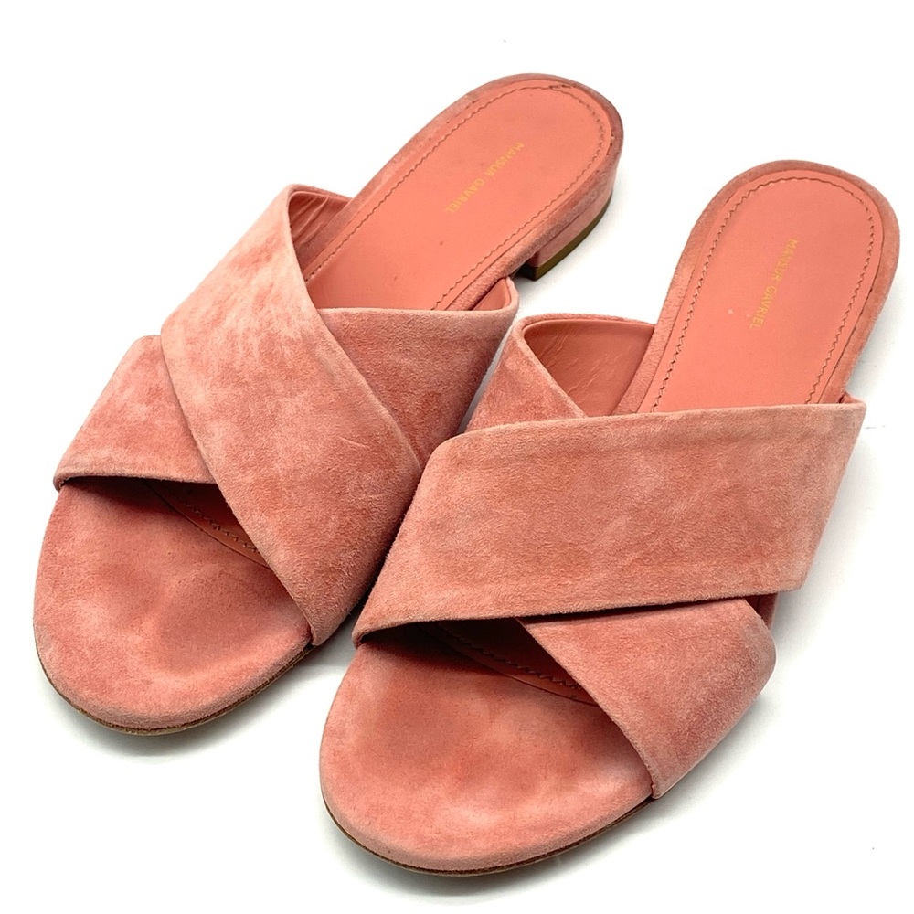 Mansur Gavriel Coral Pink Minimalist Criss Crosd Suede Slip On Slide Sandals